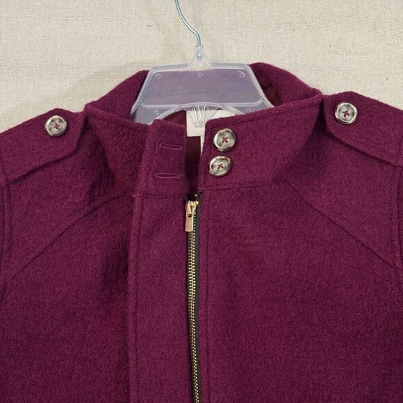 Chicos Burgundy Wool 3/4 Sleeve Full Zip Jacket Button Flap Accents Lined 2 - Picture 7 of 15